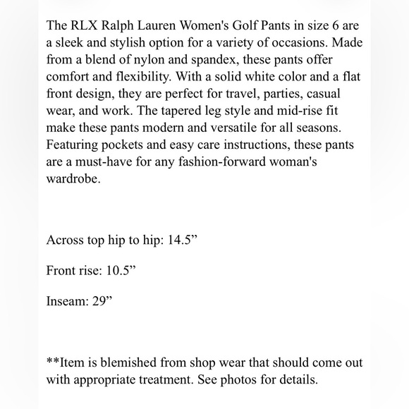 RLX Ralph Lauren Womens Golf Pants 6 White Nylon Spandex - Picture 7 of 7